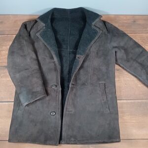 RAFEL Mens Shearling Lined Suede Leather Jacket Brown Full Zip Collar